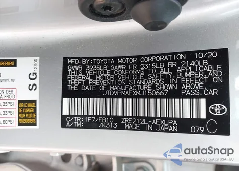 2021 Toyota Corolla Le z USA, uszkodzony, nr VIN JTDVPMAEXMJ150667